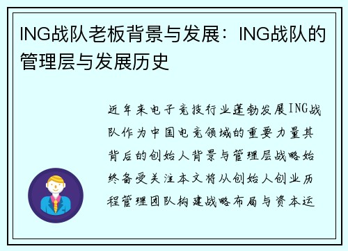 ING战队老板背景与发展：ING战队的管理层与发展历史